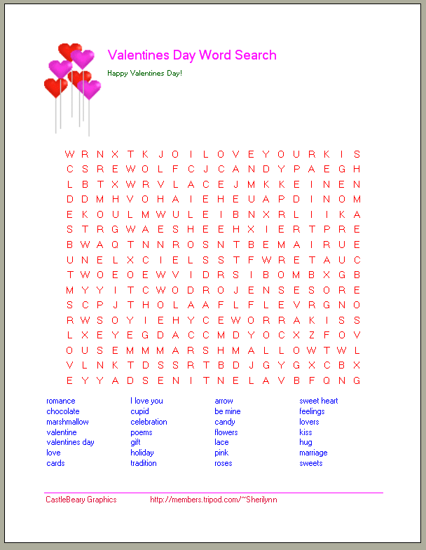 Valentine Word Search Puzzle.